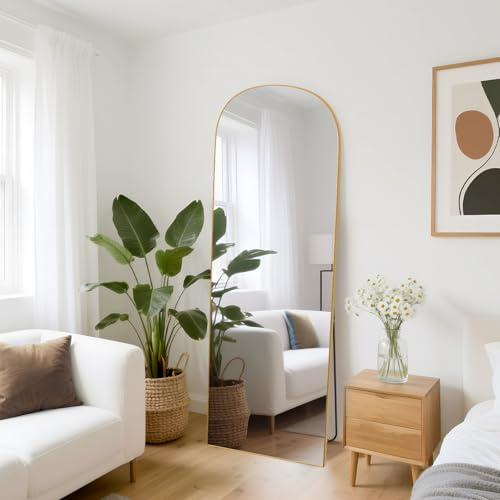 Specchio a Figura Intera 162 x 52cm, Vetro Temperato, Cornice in Alluminio | Specchio da Terra ad Arco con Supporto, Specchi da Parete Lungo da Appendere o Appoggiato per Camera da letto Ingresso, Oro