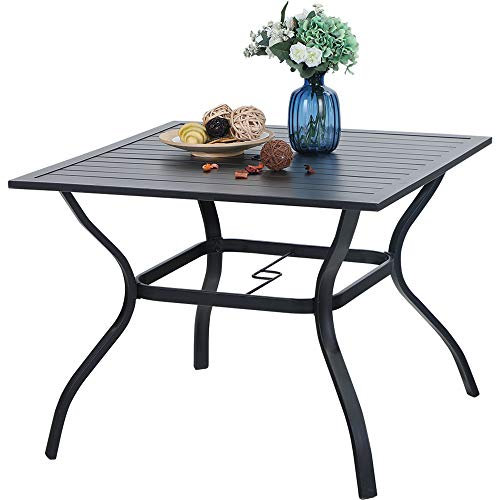 PHI VILLA 94 cm Outdoor-Esstisch aus Metall, Stahllatten, quadratischer Terrassen-Esstisch mit 4 cm Schirmloch für Garten, Hinterhof und Veranda (klassisches Schwarz)