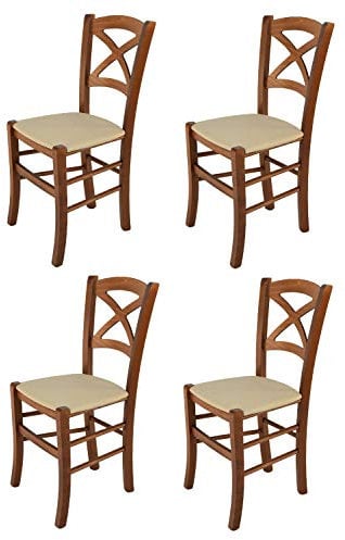 Tommychairs - Set 4 chaises Cross pour Cuisine, Bar et Salle à Manger, Robuste Structure en Bois de hêtre peindré en Couleur Noyer Clair et Assise rembourrée et revêtue en Tissu Couleur Chanvre