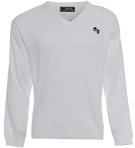 JACK NORTH V-Neck White Knitted Jumper Unisex, Long Sleeve Sweater & Sports Pullover - Regular Fit with Ribbed Hem & Cuffs & Bowling Bowls Logo on Front