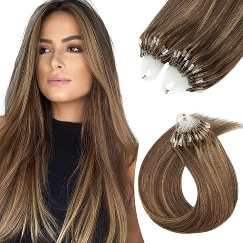 Echthaar Extensions Microring Extensions Echthaar 0,5g/Strähne 100 Strähnen/Packung Weich Haarverlängerung Glatt Haarteil 7A Human Hair 50g 45cm-4P27# Mittelbraun & Dunkelblond