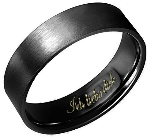 Everstone Männer Matt & Gebürstet 6MM Flach Partnerringe Trauringe Eheringe aus Titan Farbe: Schwarz Lasergravur Ich liebe dich