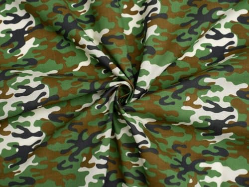 Bedruckter Polyester-Baumwollstoff, Grün, Camouflage, Meterware