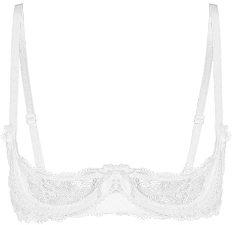 inhzoy Women's Lace Sheer Lingerie Underwire Shelf Bra Top Sexy 1/4 Cups Push Up Unlined Bralette Underwear White M