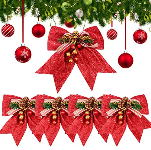 BETESSIN 5pcs Lazos de Navidad Grande 17cm Lazos de Árbol de Navidad Decoración Rojo Adorno Navideño Hogar Regalo Fiesta de Navidad
