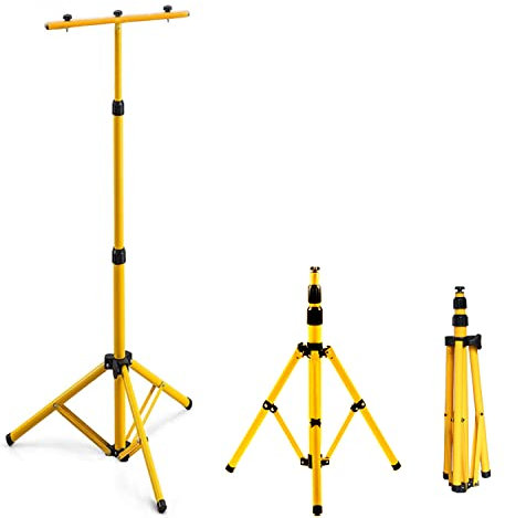 Gimisgu Stativ für Baustrahler, Teleskop Stativ Strahler Stahl, LED Fluter Stahlstativ Arbeitslampe Gelb Trägerteil für 1or 2 Strahler, höhenverstellbar bis 1,60 Meter (Doppelhalterung)