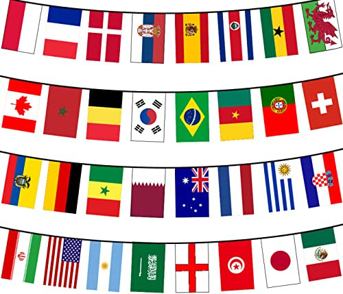 Alsino Fußball WM Fahnenkette Flaggenkette 10.5 Meter Wimpelkette 32 Länderflaggen 14 x 21 cm Girlande Dekoration, 4 Stück