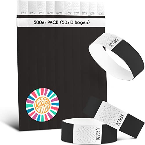 FARBEN BANDE® 500 Einlassbänder Schwarz/Eintrittsbänder 19mm aus Tyvek/Party Bändchen reißfest, wasserdicht und nummeriert/farbige Partybänder/Einlassbändchen für Party, Festival & Feste