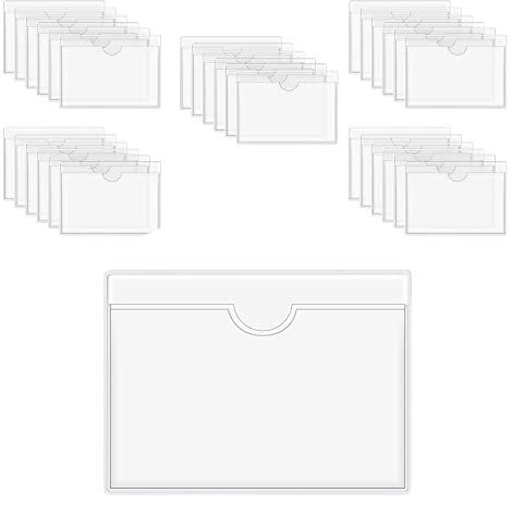 Tiamu 60 Pcs Etikettenhalter Selbstklebend, Kartenhülle mit Oberer Öffnung, Beschriftungsschilder, Transparent Preisschilder, Visitenkartenhüllen Wasserfest, Visitenkartenhalter für Bürobedarf Schule
