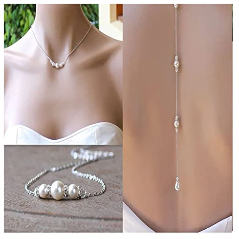 Inilbran Boho Pearl Back Halsketten Lange Pearl Cz Backdrop Halsketten Silver Pearl Back Chain Halskette Vintage Crystal Body Chain Halskette Summer Body Jewelry für Frauen und Mädchen