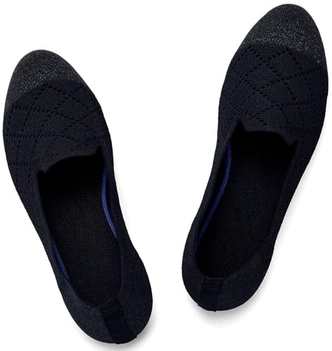 Puxowe Damen Ballerina Flache Schuhe Runde Zehe Strick Kleid Schuhe Niedriger Keil Slip On Ballerina Walking Flats für Frauen Bequem 41 EU Black/Funkelnd