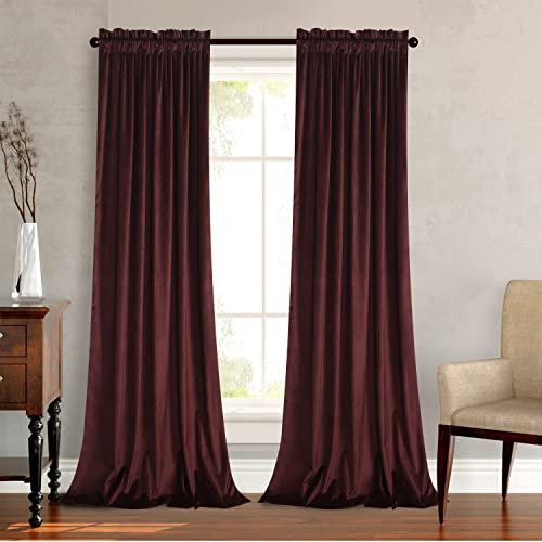 Roslynwood Velvet Ruby Wine Curtain 63 inch Length - Curtains Block Light Rod Pocket Thermal Insulated Window Drapes Set for Living Room/Bedroom/Dining Room, W52 x L63, 2 Panels