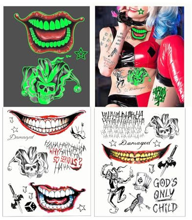 3 Blatt 3D Jo-ker Tattoos,Karneval Tattoo Gesicht,Clown Schminke Set,Jo-ker Make Up, jo-ker kostüm,Tattoo Klebetattoos Erwachsen