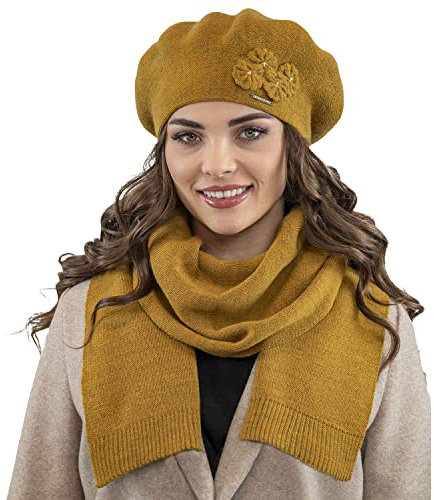 VIVISENCE Damen Baskenmütze Eleganter Wintermütze Und Schal Set Warm Kopfbedeckung Und Halsbedeckung An Winter Und Herbst Warm Dick, Winterset Für Frauen, Hergestellt In EU, Honig