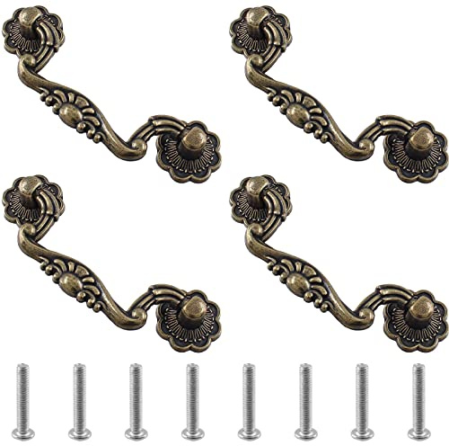 Unlorspy 4 Stück Antiker Bügelgriff Drop Pulls 78 mm Lochmitten Drop-Down-Bail Dresser Pull Handle Geschnitzt Vintage Bronze Kommode Griffe für Möbel Zuhause Küche Schrank (Stil B)