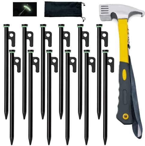 Tialero Zeltheringe mit Hammer, 20,3 cm, 30,5 cm, 30,5 cm, 30,5 cm, 40,6 cm, robuste Zeltheringe + 25,4 cm Campinghammer + Aufbewahrungstasche, geschmiedete Stahlpfähle auf Felsen (12 Stück 25,4 cm