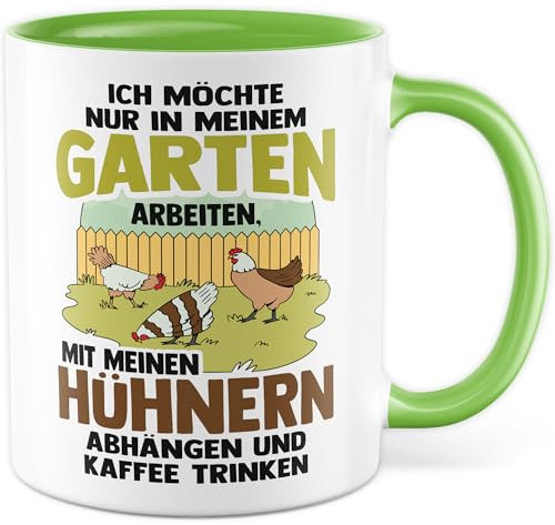 Garten Hühner Tasse Gartenarbeit Kaffeetasse Hühnerhalter-in Kaffee-Becher Heimgärtner Geschenkidee lustig Geschenk Humor (Weiß/Grün)