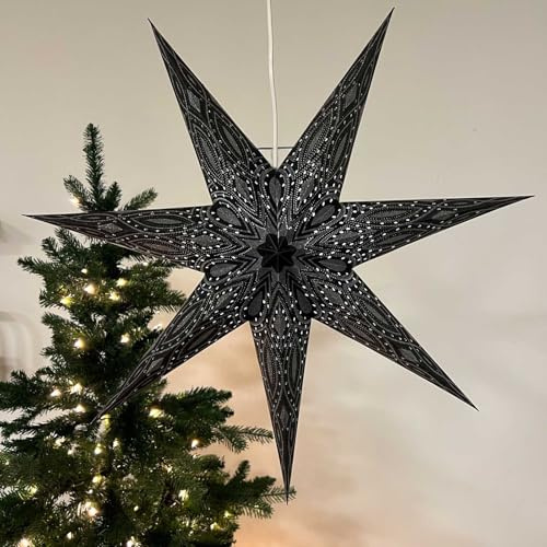 MoreThanHip Nova Faltbarer Weihnachtsstern Schwarz mit Silber Glittern - Ø 60 cm - Handgefertigt Papierstern, Fensterdeko - Inkl. Beleuchtungskabel 3 Meter (ohne Lampe)