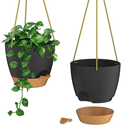 ZMTECH 25cm Blumenampel Hängend Blumentopf Hängeampel Kunststoff Hängeampel für Pflanzen Für Innen Außen Zimmer, Decken, Balkon Und Garten(Set of 2, Schwarz)