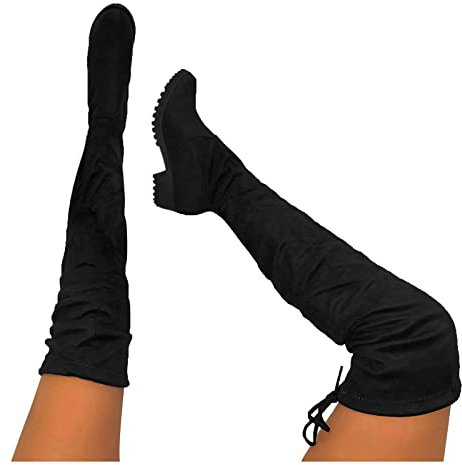 Stivali Neve Donna Caldo Vintage Morbidi Anfibi Curvy con Tacco Larghi Western Boots Stivaletti Invernali Sopra il Ginocchio Pelle Elasticizzati Stivali Cowboy Stivali Alti Camoscio Sexy