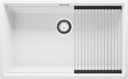 PRIMAGRAN Fregadero Cocina Blanco 76x47cm, Granito 1 Seno + Sifón + Enrollable Escurridor, Sobre encimera al mueble 80cm - Prague Slim