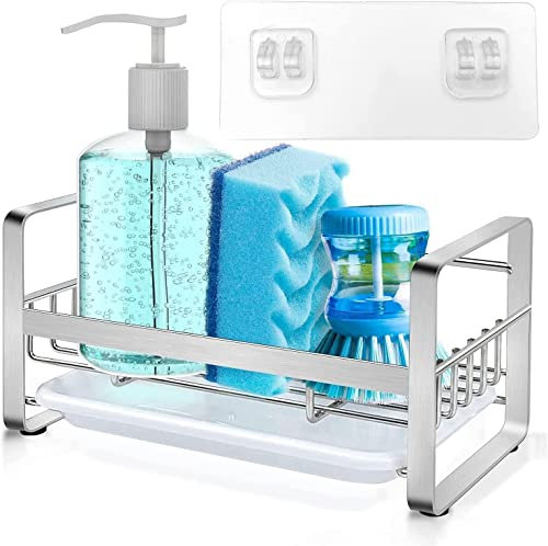 Wuudi Organizador de cocina para fregadero con bandeja de desagüe extraíble, soporte de esponja de acero inoxidable, estante ordenado