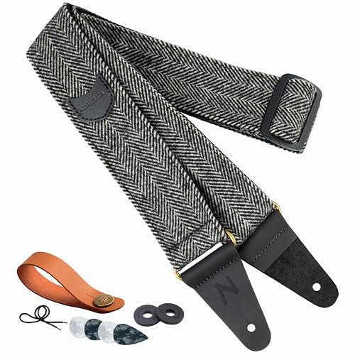 Nefelibata Gitarrengurt, weicher kaschmirhaltiger Stoff, Vollnarbenleder-Gitarrengurte für Bass-, Elektro- und Akustikgitarren, kostenloser Knopf, Schlösser und Plektren