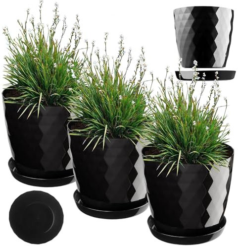 KADAX Pot de Fleurs en Plastique avec Soucoupe, Pot de Plante pour Une Décoration Florale Moderne dans l'espace Interieur (Lot de 3 : Noir, 16 cm)