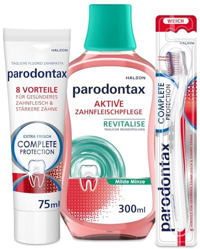 Parodontax Complete Protection Zahnbürste, 1 Stk., Complete Protection Zahnpasta mit Fluorid, 1x75ml & Parodontax Mundspülung Frische Minze 300ml