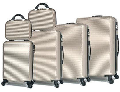 CELIMS - 6-teiliges Koffer-Koffer-Kofferset | Handgepäck + Kabine + Medium + Large + 2X Kulturbeutel | ABS Lightweight Hartschalen GepäckKofferset mit 2X Kosmetiktaschen | Kofferset 4+2 | Champagner