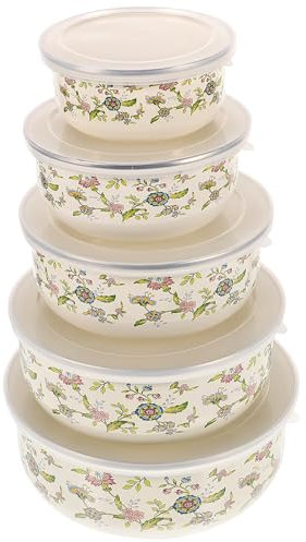 5pcs Enamel Bowls with Lids Fresh Keeping Salad Fruit and Food Storage Bowls Nesting Mixing and Serving Bowls for Kitchen Use Airtight Design