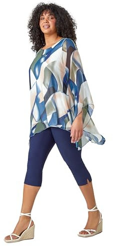 Roman Overlay Top for Women UK - Ladies Summer Blouse Spring Everyday Holiday Autumn Work Winter Round Neckline Comfy Pull-On Soft Vacation 3/4 Length Sleeves - Navy Plus - Size 26-28