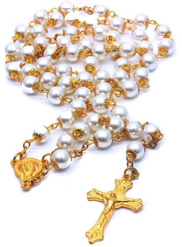 Katholische Frauenzeremonie Rosarischer Frauen, Weibliche Goldene Rosenkranz Halskette Perlenperlen Kreuzwand Kreuz Halskette Golden Pearl Rosenkranz Halskette Geschenk