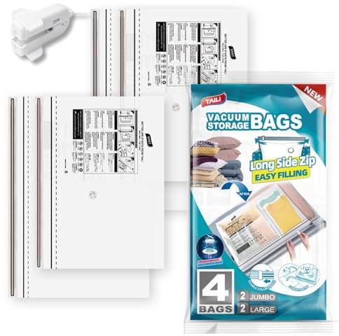 TAILI Sac de Rangement sous Vide 4 Pièces 2 Très Grands, 2 Grands avec Longue Fermeture Éclair Latérale Housses de Rangement sous Vide Réutilisable pour Couettes, Couvertures, Duvets, Literie
