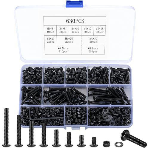 Lot de 630 vis M4 à six pans creux - Vis hexagonales à tête bombée avec écrous et rondelles - Vis filetées pour vélo