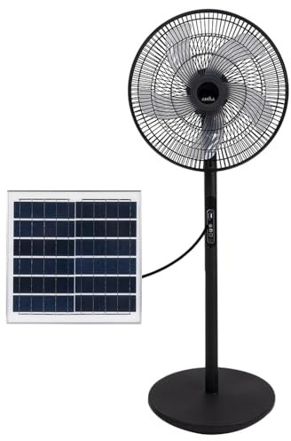 Rialto Ventilateur sur pied solaire Noir 30 W 3 vitesses 5 pales Port USB Batterie lithium 112 x 41 x 38 cm