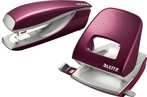 Leitz NeXXt Style Metall Locher + Büroheftgerät 30 Blatt Schreibtisch Bundle (granat rot)