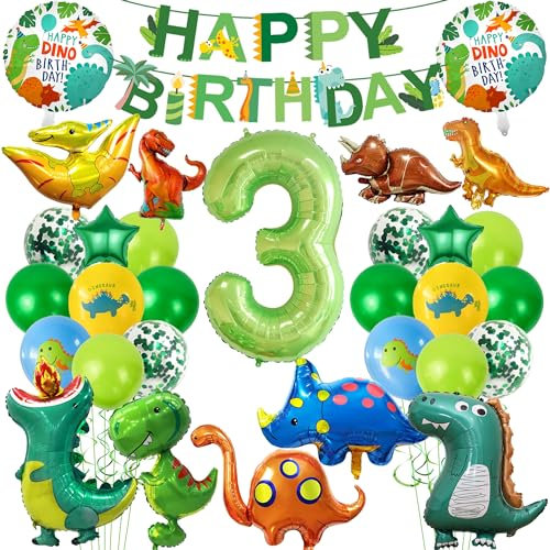 Dino Geburtstag Deko 3 Jahre - Dinosaurier Kindergeburtstag Mit XXL Luftballons, Happy Birthday Banner Girlande, Folienballon Zahlenballon 3, Geburtstagsdeko Für Jungen Und Mädchen