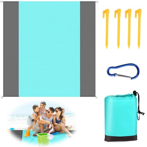 TNOMSNO Tapis de Plage 210 x 200 cm, Natte de Plage Tapis de Plage Anti Sable, Couverture Pique Nique avec 4 Piquets de Plage, Tapis de Plage Pliable pour Pique-Nique, Plage, Camping