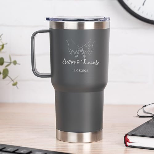 Wanapix | Taza Térmica Personalizada de Doble Capa | Capacidad 600 ml | Color Gris | Conserva Frío y Calor durante Horas | Grabado con Nombres y Fecha | Regalo San Valentín | Holding hands