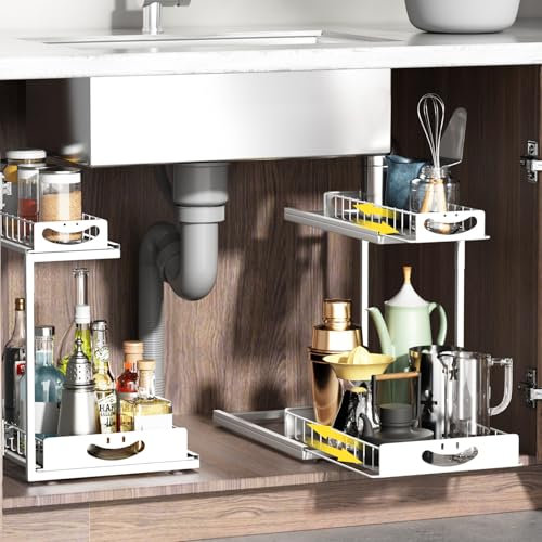SUMAITech 2 Paquete Organizador bajo Fregadero Metal, 2 Niveles Estantería bajo Fregadero, Estante Organizador Extensible, Almacenaje Cocina, Blanco