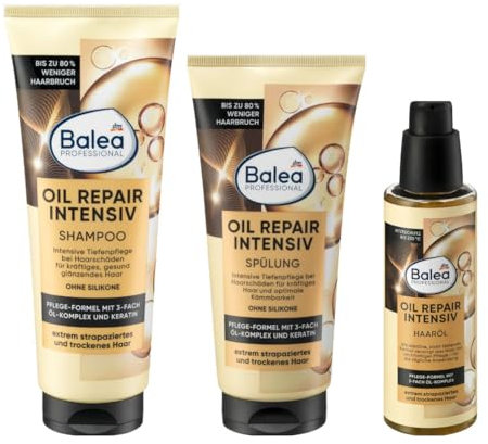 Balea 3er-Set Haarpflege: Shampoo Repair Intensiv, 250 ml+Spülung Oil Repair Intensiv 200 ml+Haaröl Oil Repair Intensiv 100 ml