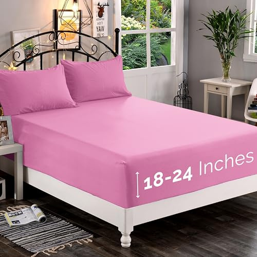 Elegant Comfort 1500 Premium Quality Fitted Sheet Ultra Soft 18-24 Inch Extra Deep Pocket - Single Fitted Sheet for High Mattress - Wrinkle Free with Smart Storage Pockets, Twin/Twin XL, Light Pink