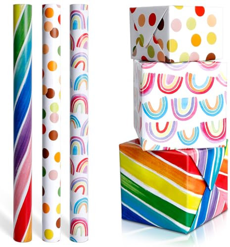 AiQInu 3 Rolle Geschenkpapier 43x300cm, Geschenkpapier Set, Geschenkverpackung für Weihnachten, Geburtstage, Partys, Hochzeiten, Babypartys