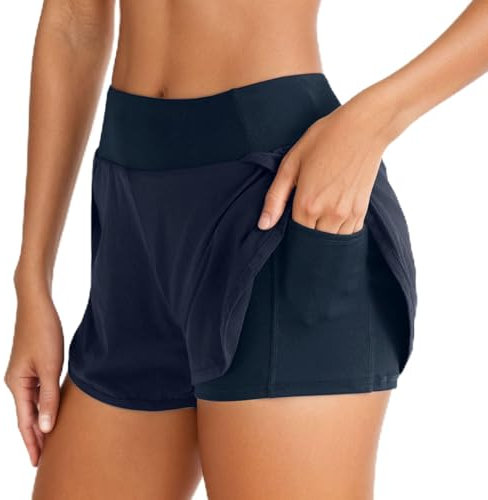 Neteson Pantaloncini da Corsa 2 in 1 Donna Pantaloncini Sportivi Estivi con Tasca a Vita Alta Pantaloni Corti Palestra Shorts per Yoga Gym Fitness Running Jogging Allenamento