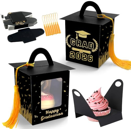 KEAGAN 30 Stück Graduation Cupcake Boxen Doktorhut Deko Abschluss Candy Box mit Fenster und Quaste für 2025 College High School Grad Party Abschlussfeier Bachelor Cap Box für Verpacken Süßigkeiten