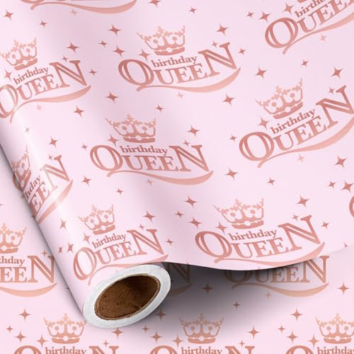 RUSPEPA Geburtstagspapierrolle für Frauen, Mädchen und Erwachsene,rosa „Birthday Queen“-Geschenkpapier mit Krone und Stern-Design für Mädchenpartys, beste Freundin-Überraschung, 43,2 cm x 5 m