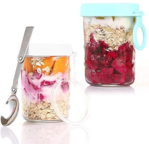 xiruiubao Overnight Oats Jar,2 Piezas 350ml Vasos de Cristal con Tapa,Vasos Yogurtera con Tapa,Vasos Yogurtera con Cuchara Plegable,Bote Cristal Hermetico para Mermelada,Ensalada,Pudding,Congee