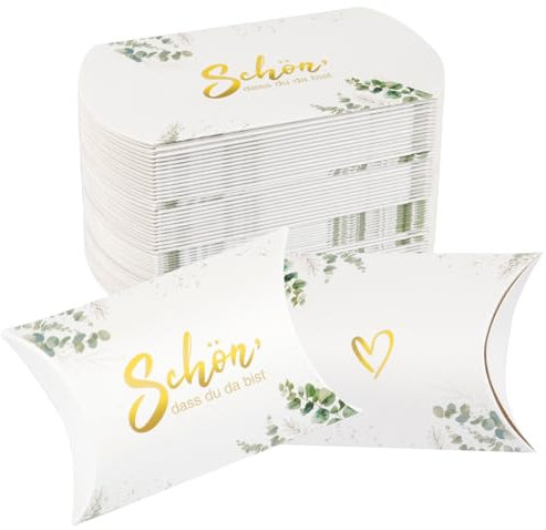 50 Stück Gastgeschenke Hochzeit, Gastgeschenke Konfirmation-Schön Dass Du Da Bist, Hochzeit Gastgeschenk im Eukalyptus Design, Kissenschachteln, für Brautparty, Gastgeschenk Kommunion(9x6.5cm)