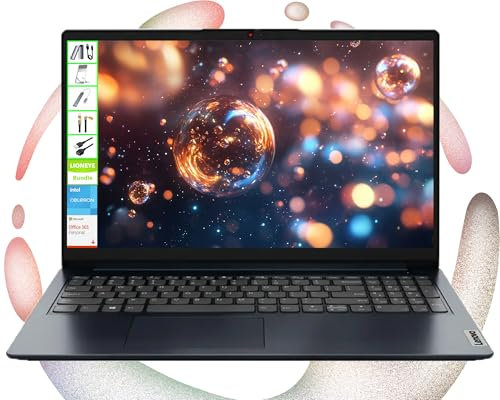 Lenovo IdeaPad Laptop with Microsoft Office and 1TB Cloud Storage (1-Year)| 15.6 inch HD Computer| 16GB RAM| 128GB eMMC & 128GB Portable SSD| Intel 2-Core CPU| Webcam| AI-Powered Windows 11| LE Bundle